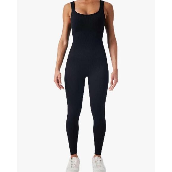 NEW Black Yoga Ribbed Seamless 1 Pc Tank  Jumpsuits L - Picture 1 of 6